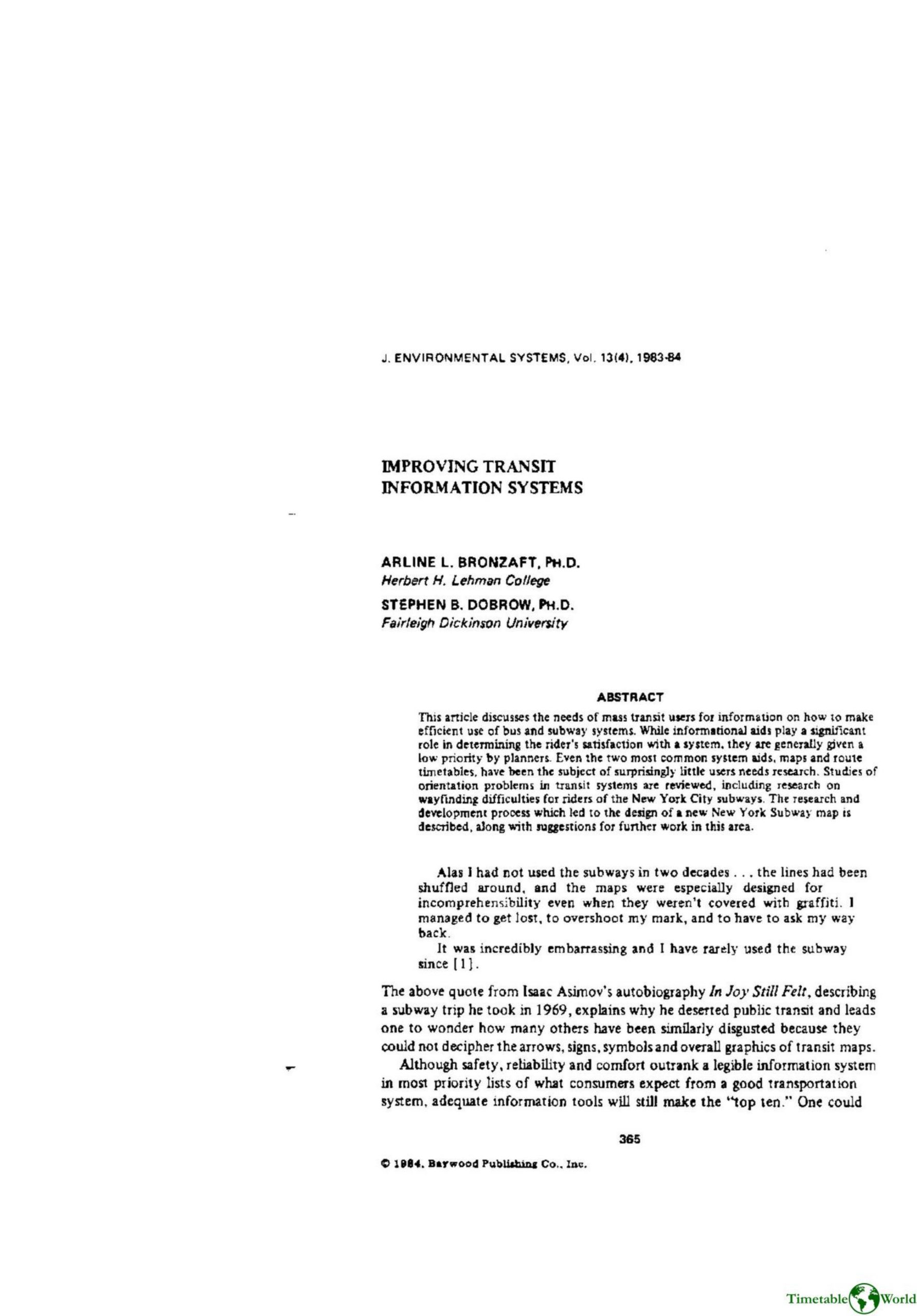 Bronzaft and Dobrow - IMPROVING TRANSIT INFORMATION SYSTEMS 1983