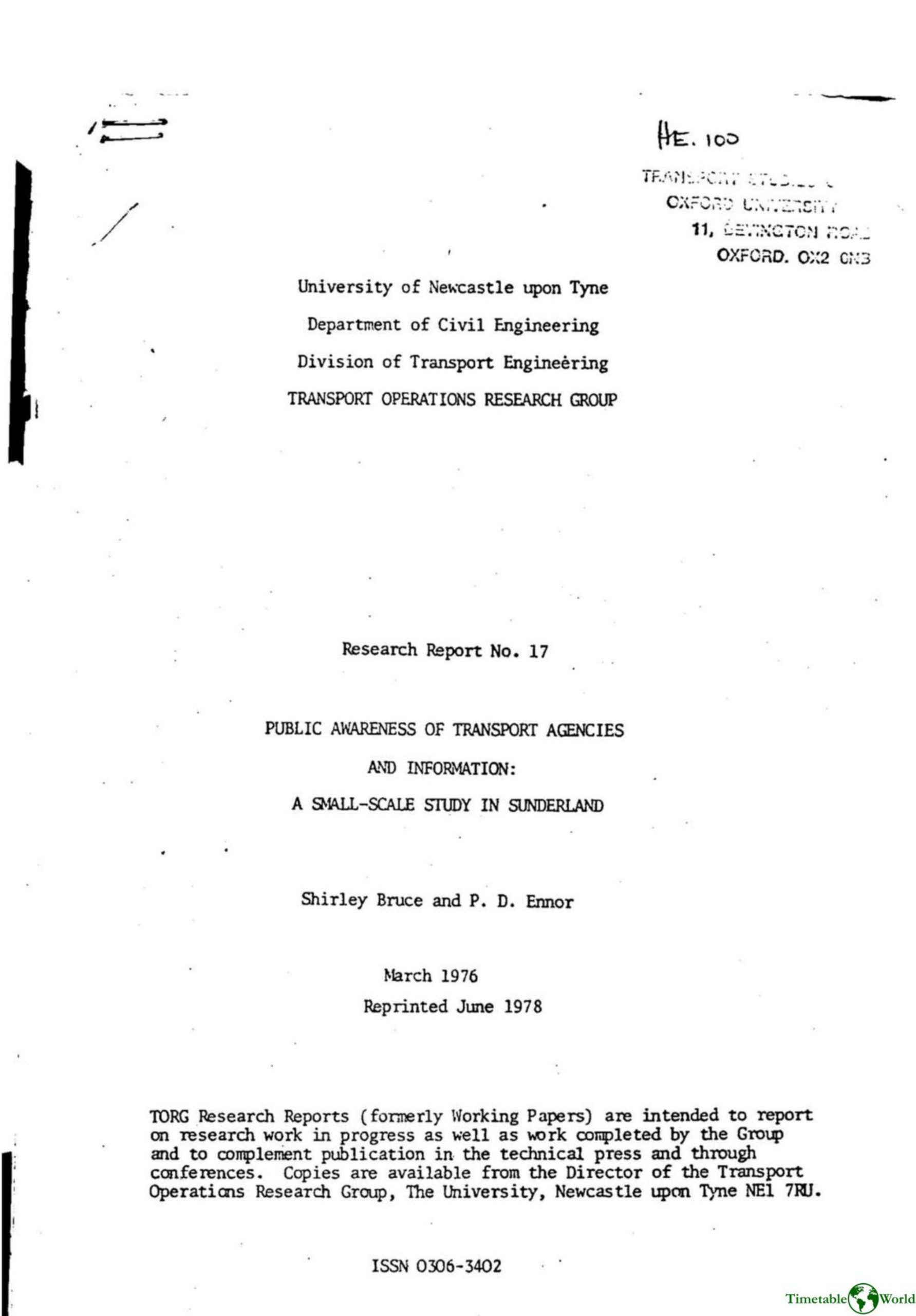 Bruce and Ennor - PUBLIC AWARENESS OF TRANSPORT AGENCIES AND INFORMATION 1976
