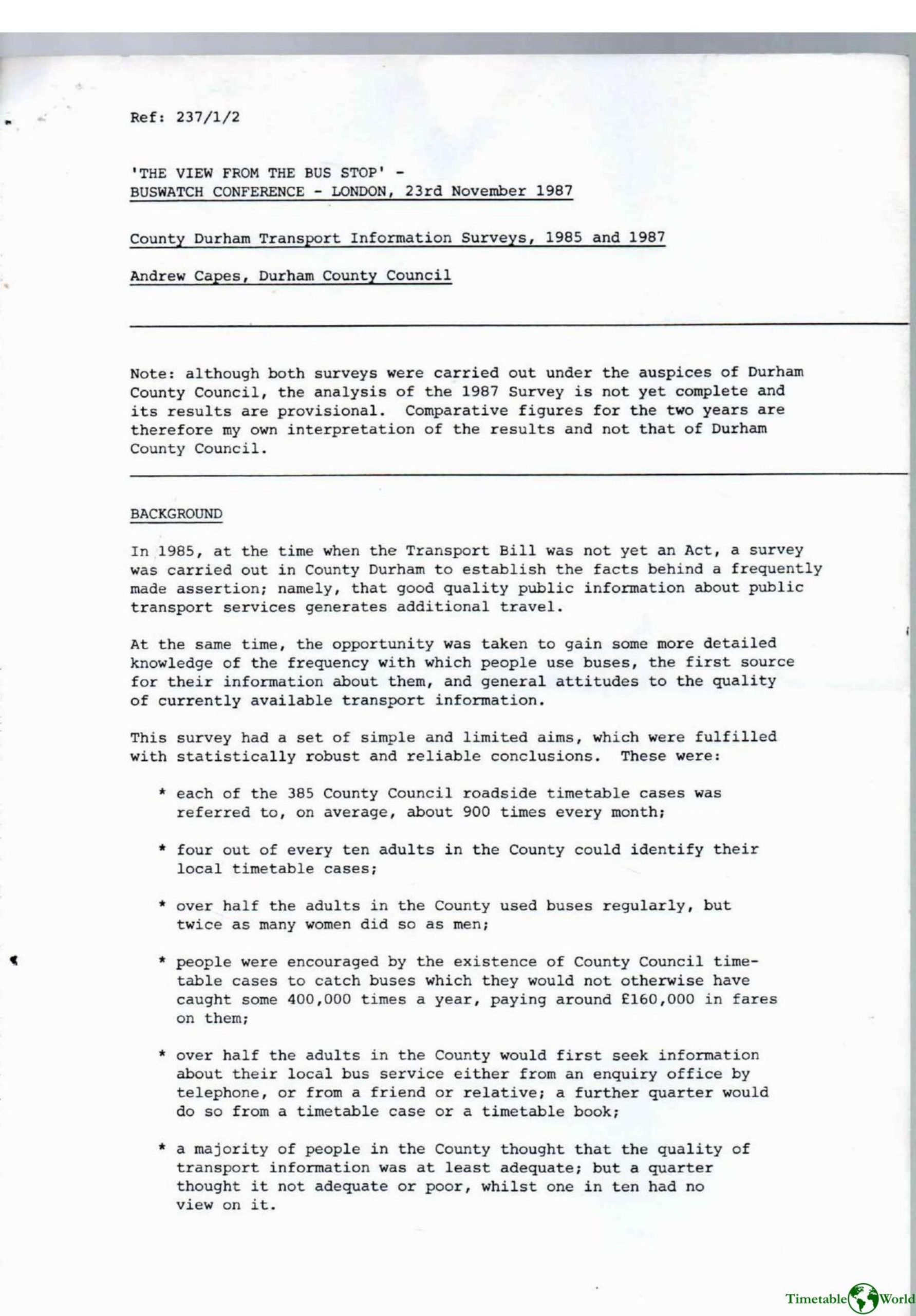 Capes - COUNTY DURHAM TRANSPORT INFORMATION SURVEYS 1985 AND 1987 1991