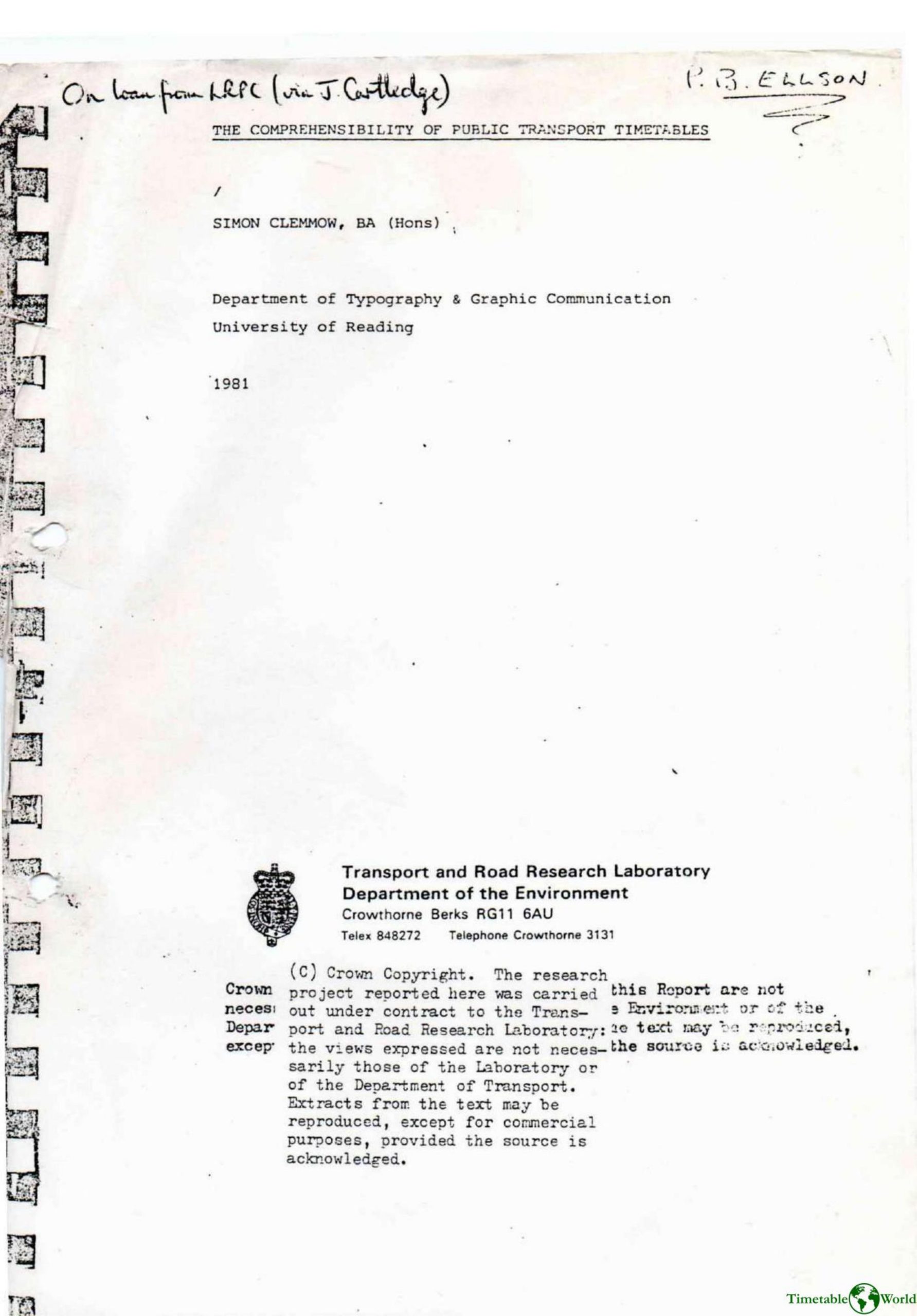 Clemmow - THE COMPREHENSIBILITY OF PUBLIC TRANSPORT TIMETABLES 1981