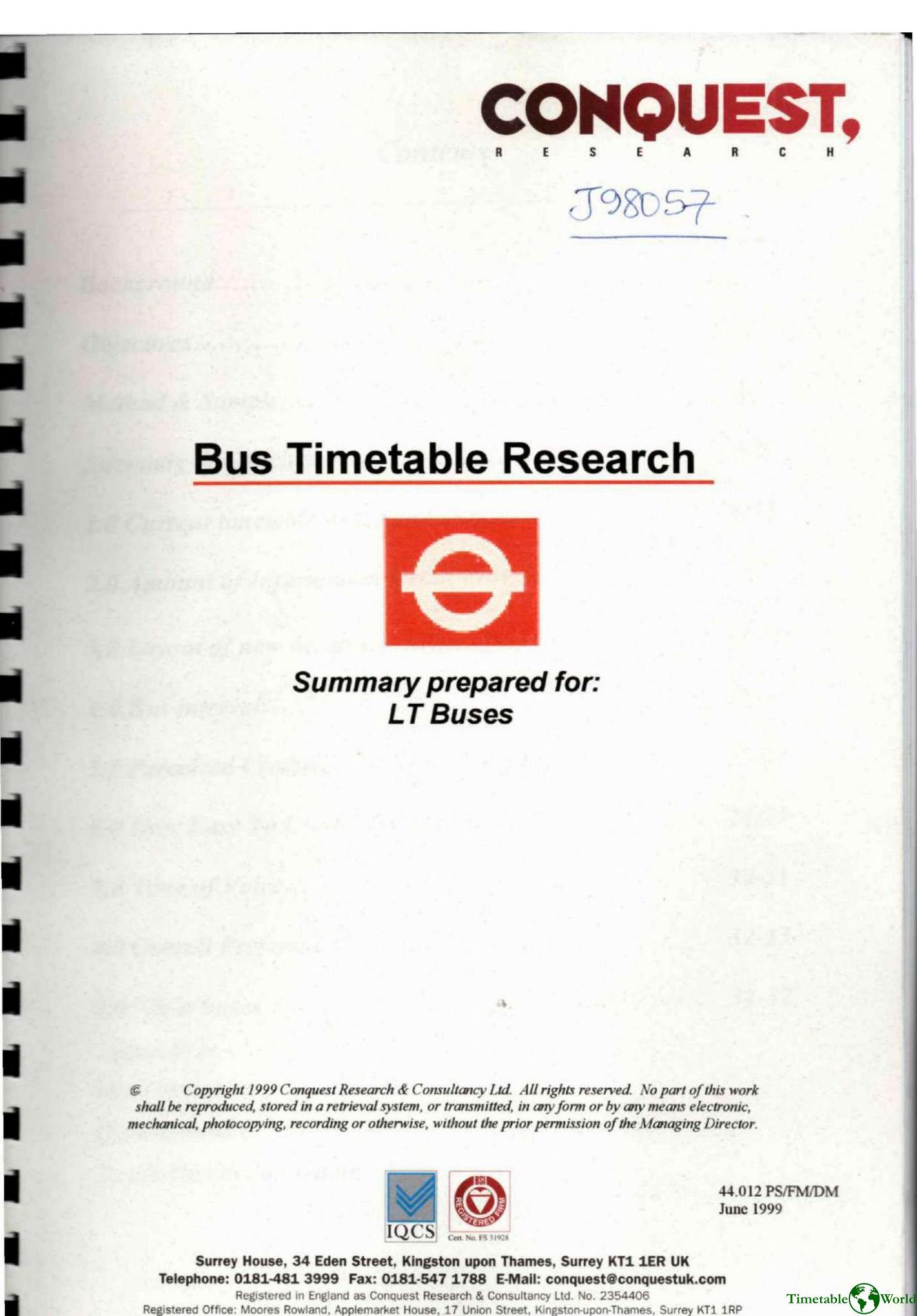 Conquest Research & Consultancy Ltd - BUS TIMETABLE RESEARCH 1999