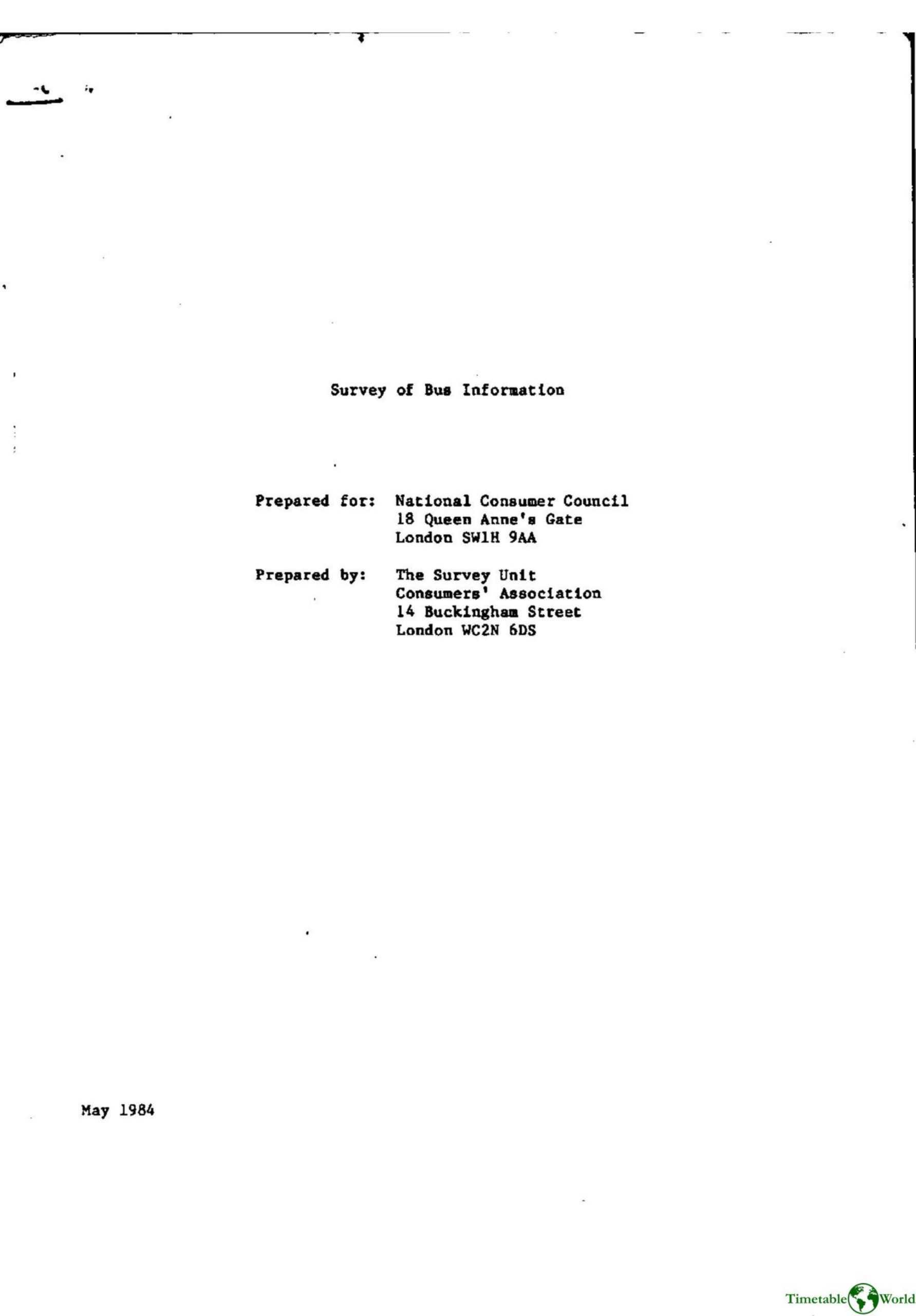 Consumers Association Survey Unit - SURVEY OF BUS INFORMATION 1984