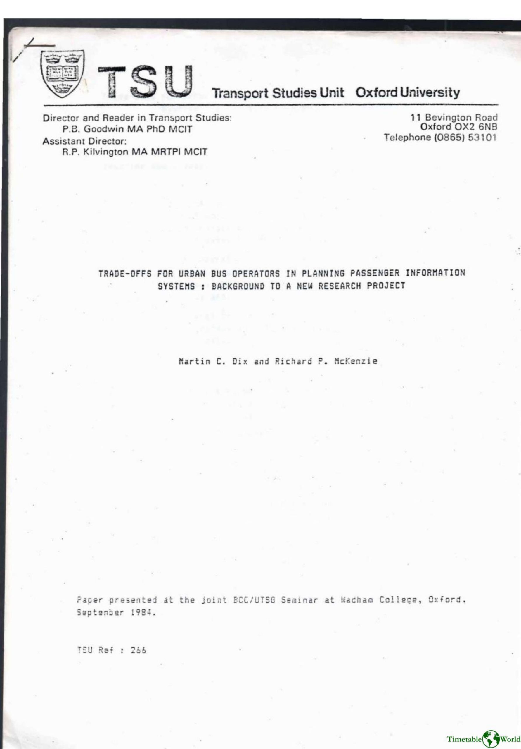 Dix and McKenzie - TRADE-OFFS FOR URBAN BUS OPERATORS IN PLANNING PASSENGER INFORMATION SYSTEMS 1984