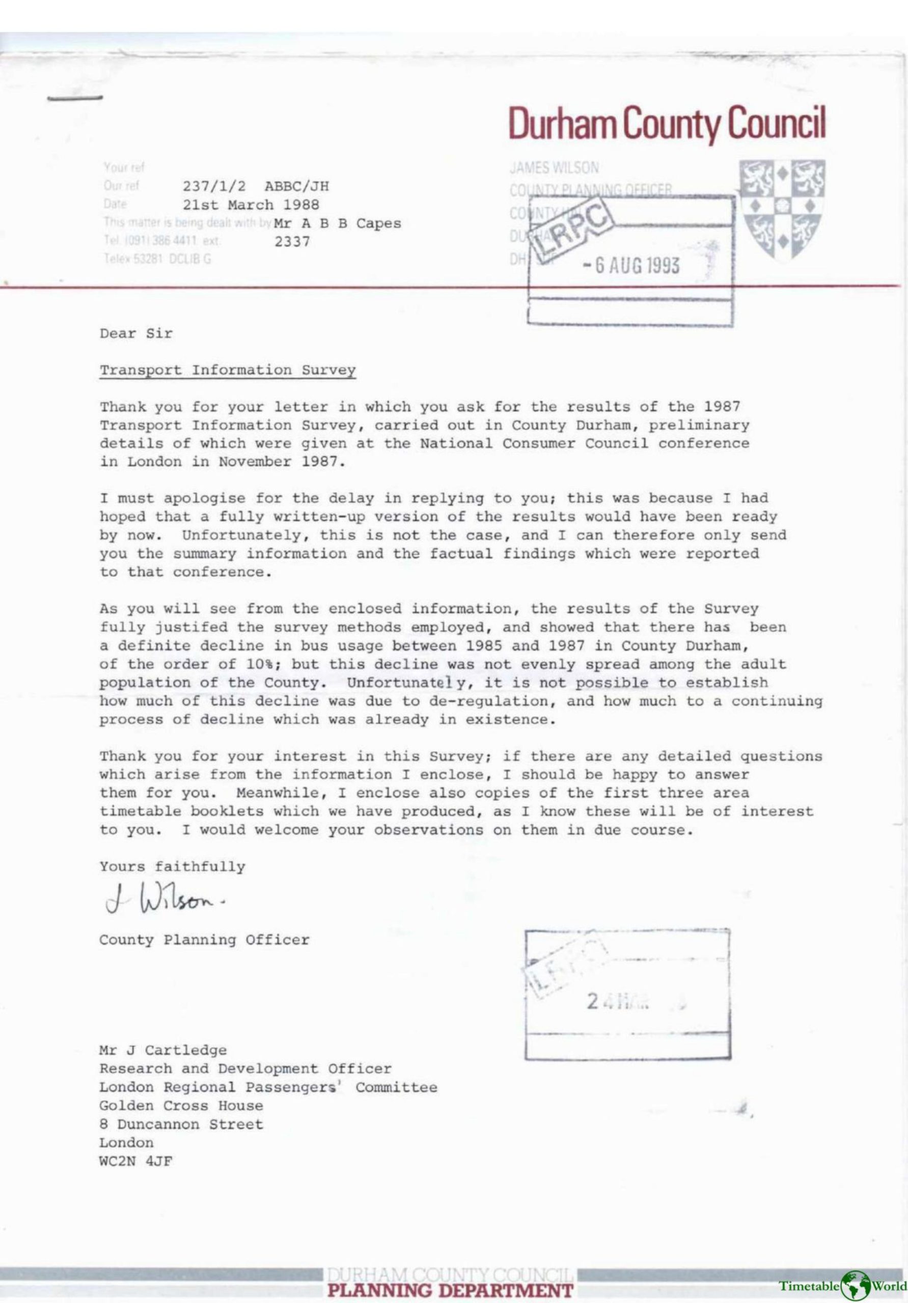 Durham County Council - TRANSPORT INFORMATION SURVEY 1988