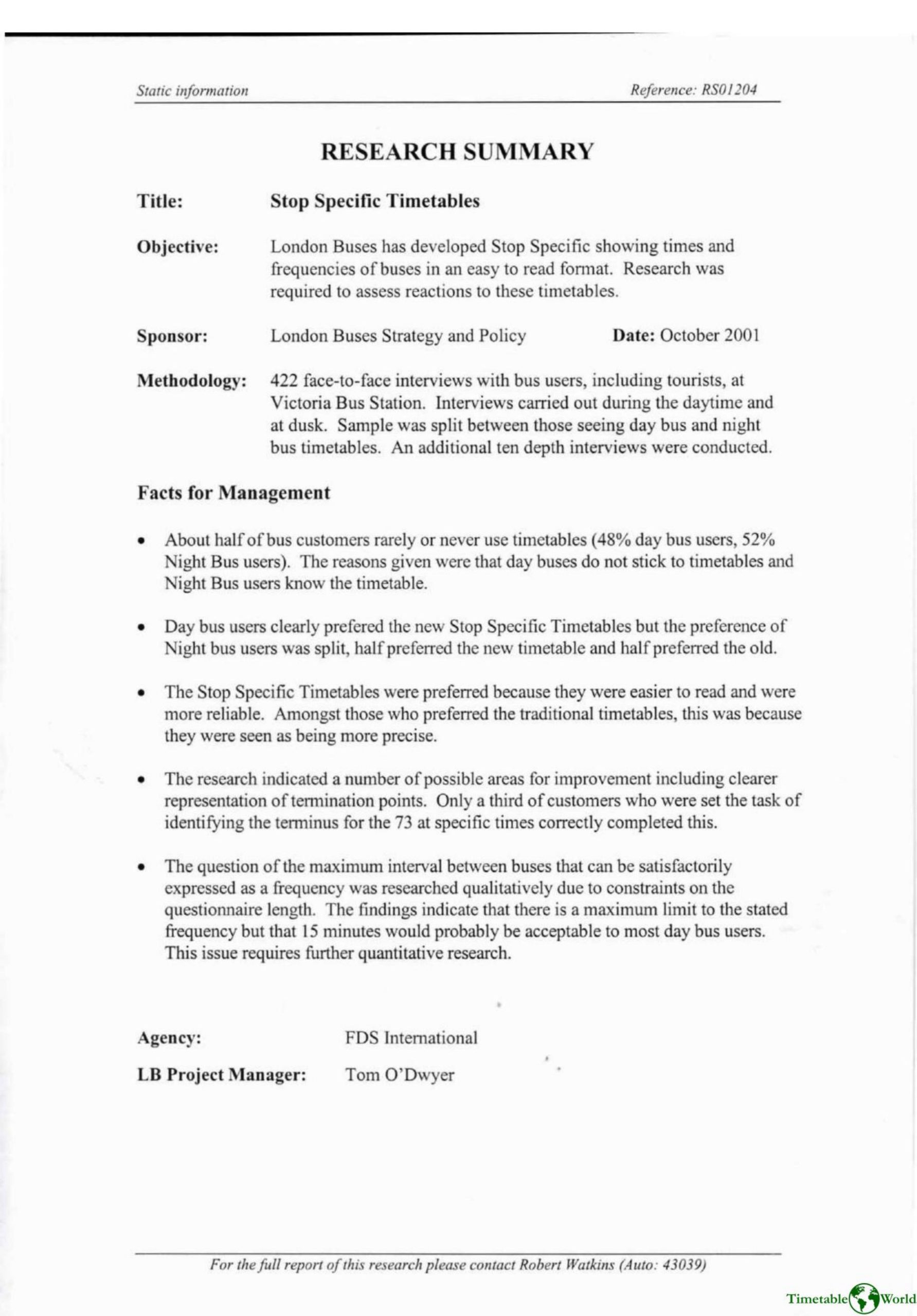 FDS International - STOP SPECIFIC TIMETABLES 2001