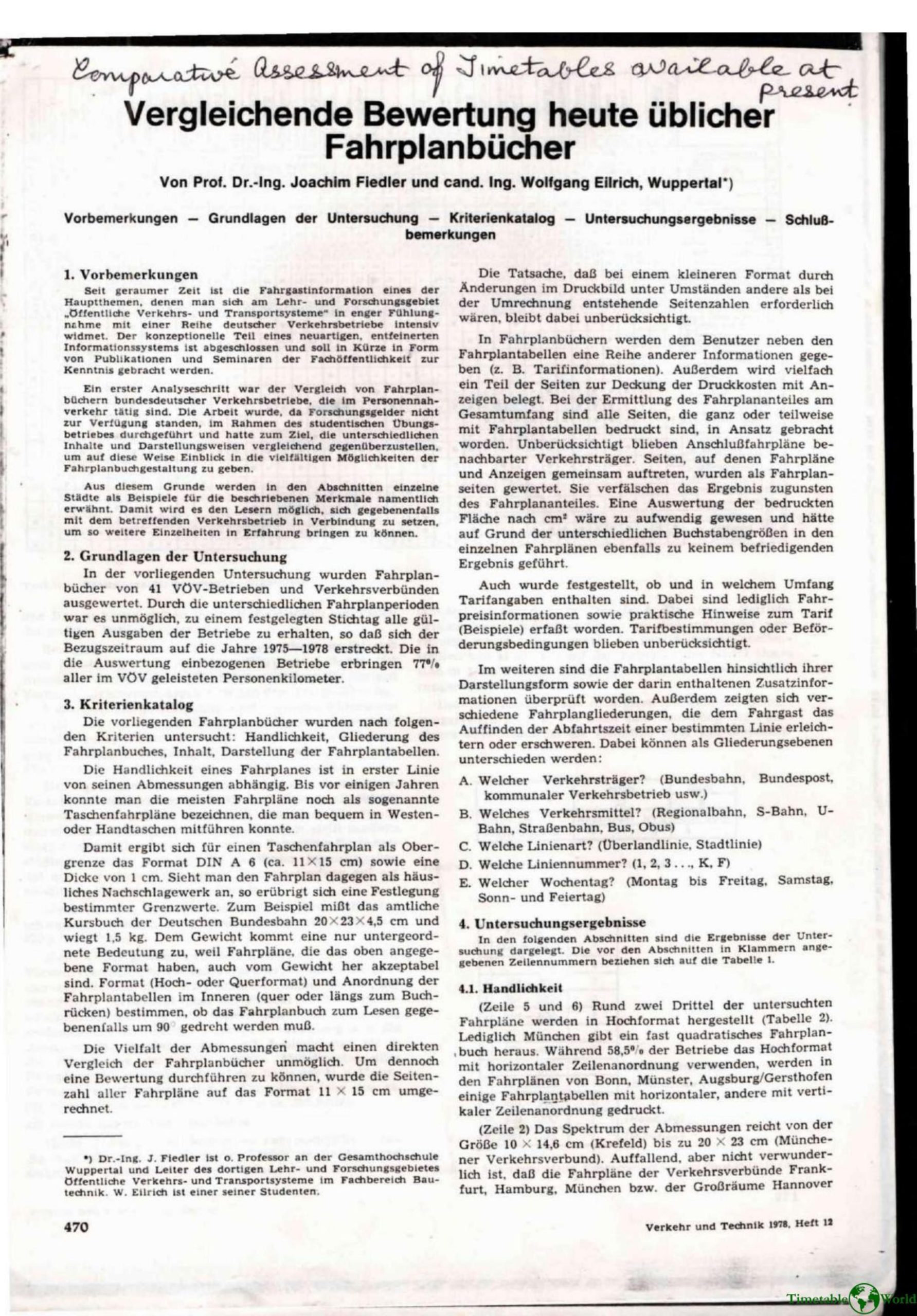 Fiedler and Ellrich - VERGLEICHENDE BEWERTUNG HEUTE ŰBLICHER FAHRPLANBŰCHER 1978