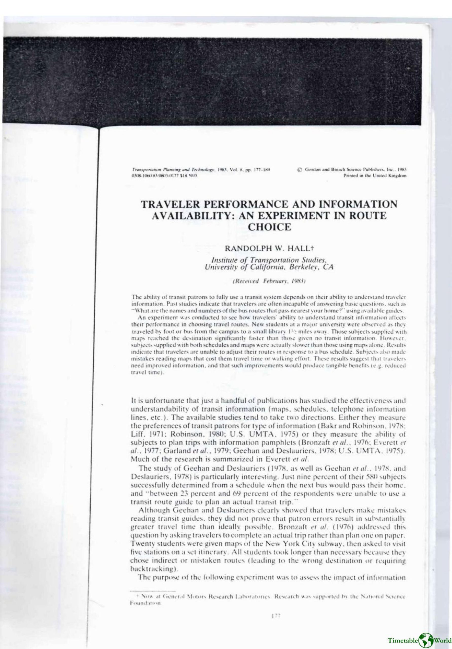 Hall - TRAVELER PERFORMANCE AND INFORMATION AVAILABILITY 1983