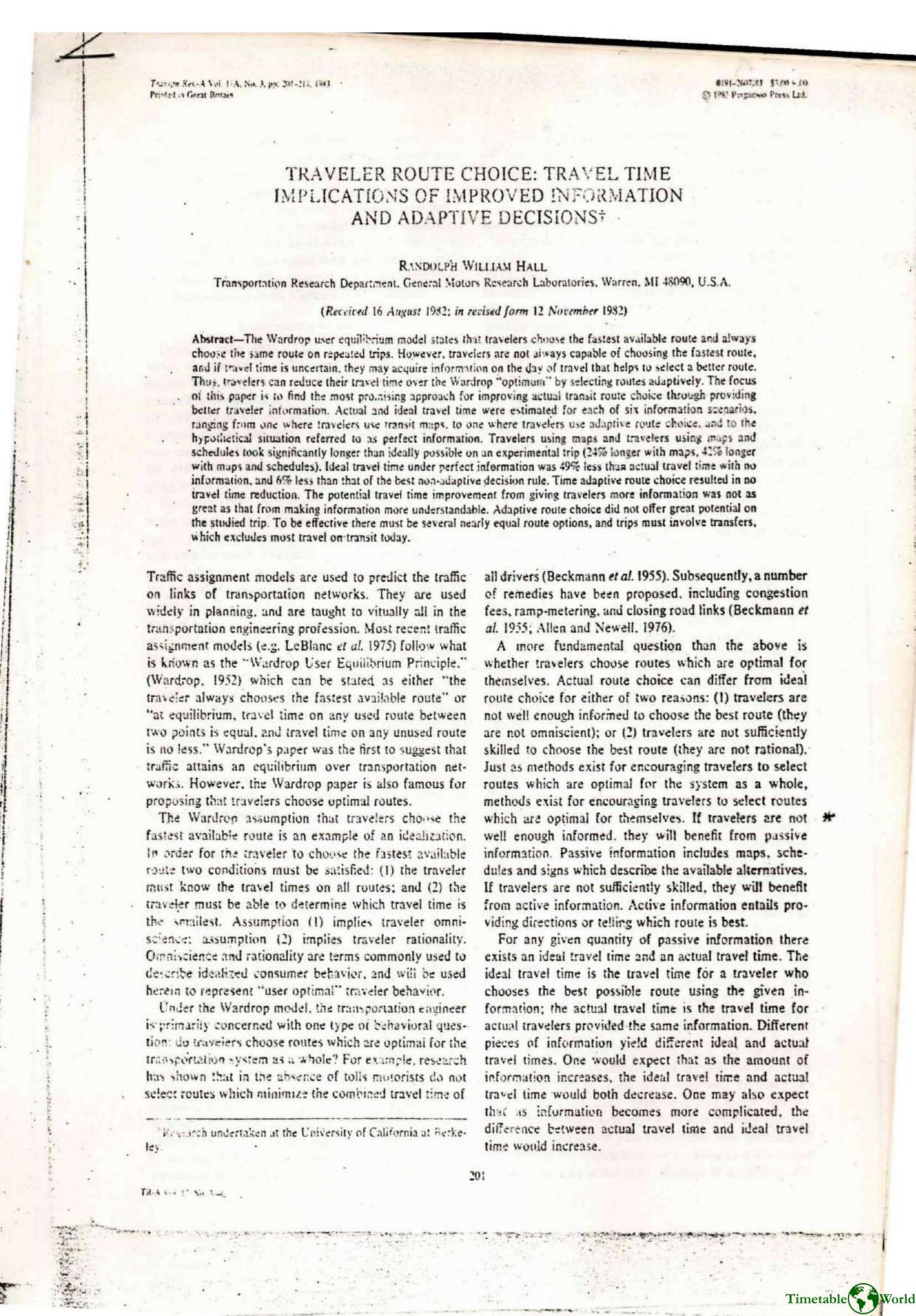 Hall - TRAVELER ROUTE CHOICE 1983