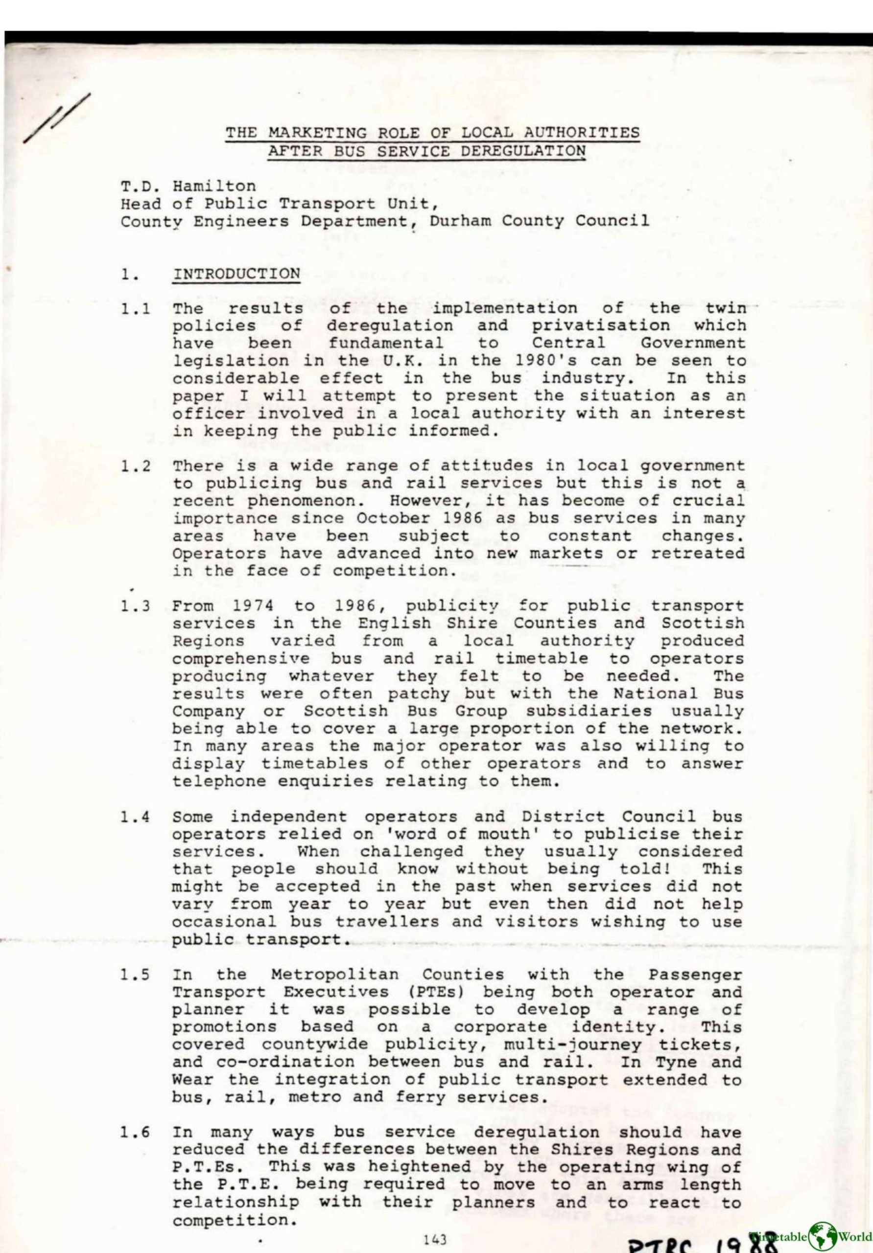 Hamilton - THE MARKETING ROLE OF LOCAL AUTHORITIES AFTER BUS SERVICE DEREGULATION 1988