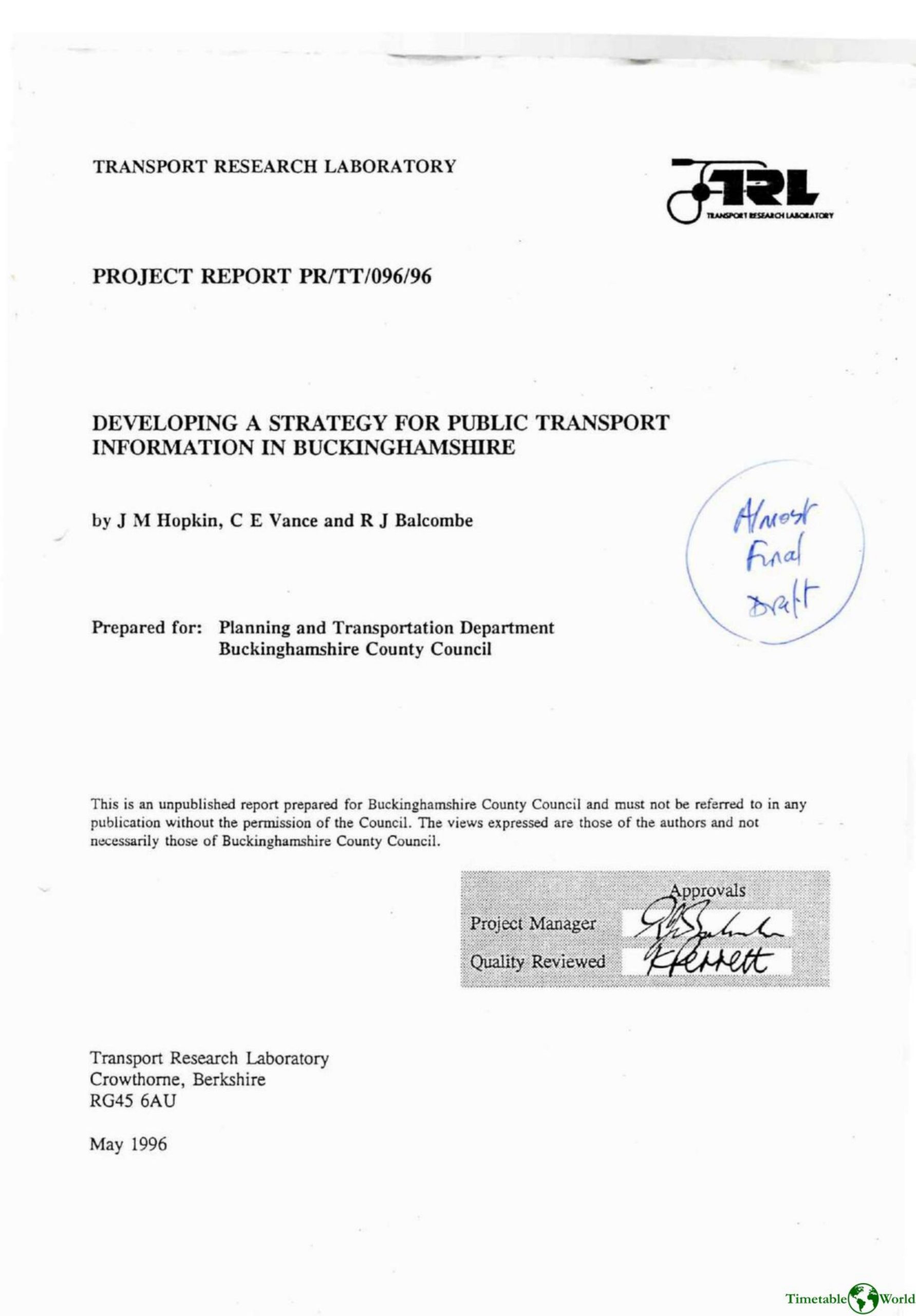 Hopkin, Vance and Balcombe - DEVELOPING A STRATEGY FOR PUBLIC TRANSPORT INFORMATION IN BUCKINGHAMSHIRE 1996