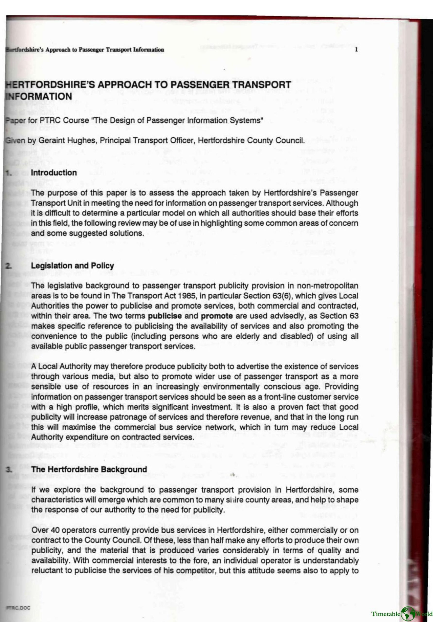 Hughes - HERTFORDSHIRES APPROACH TO PASSENGER TRANSPORT INFORMATION 1992