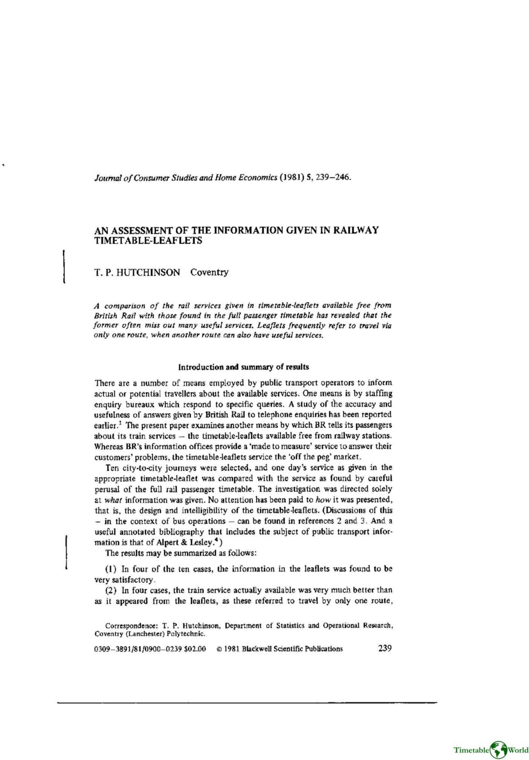 Hutchinson - AN ASSESSMENT OF THE INFORMATION GIVEN IN RAILWAY TIMETABLE LEAFLETS 1981