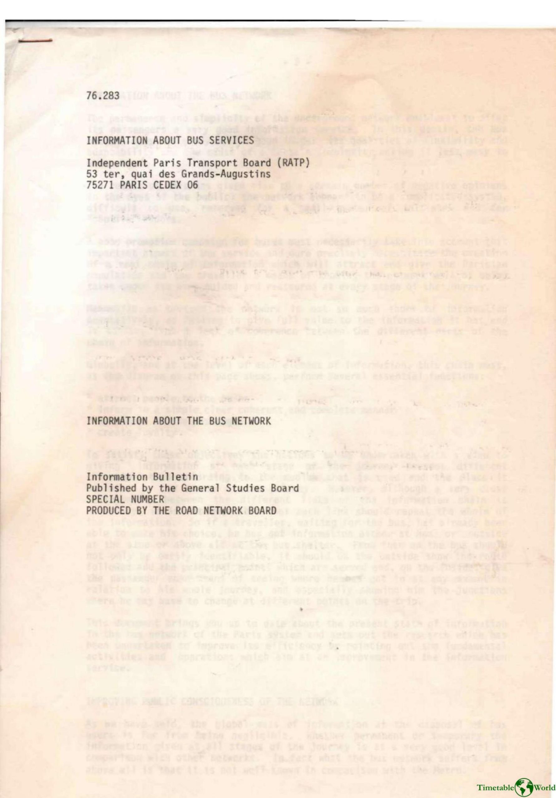 Independent Paris Transport Board (RATP)I - NFORMATION ABOUT THE BUS NETWORK 1976