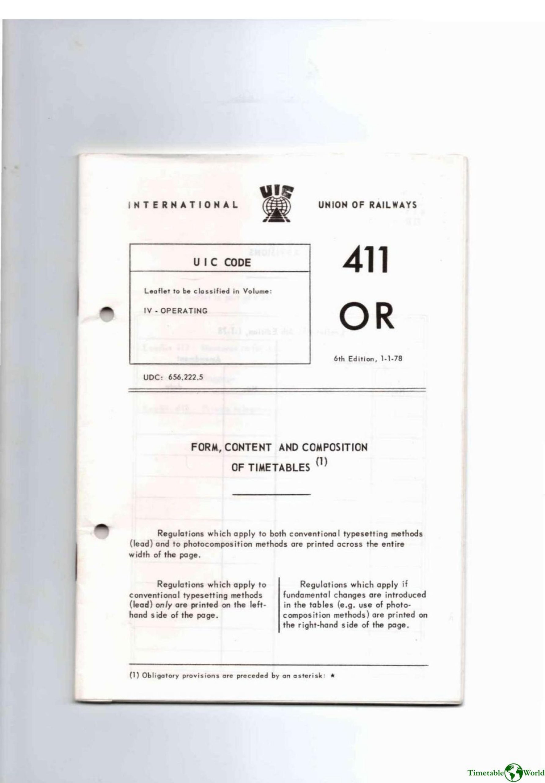International Union of Railways (UIC) - FORM CONTENT AND COMPOSITION OF TIMETABLES 1978