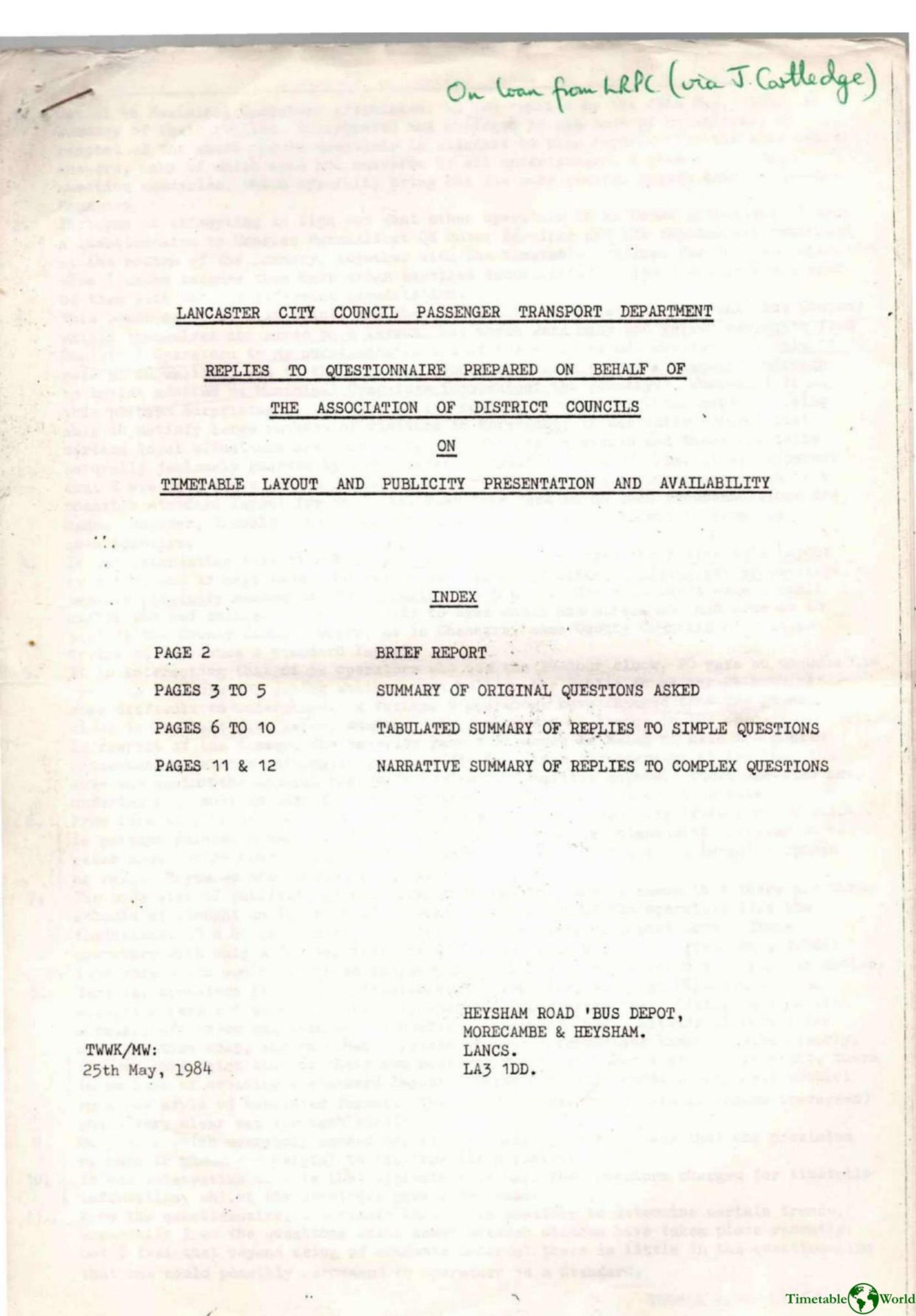 Knowles - REPLIES TO QUESTIONNAIRE PREPARED ON BEHALF OF THE ASSOCIATION OF DISTRICT COUNCILS ON TIMETABLE LAYOUT AND PUBLICITY PRESENTATION 1984
