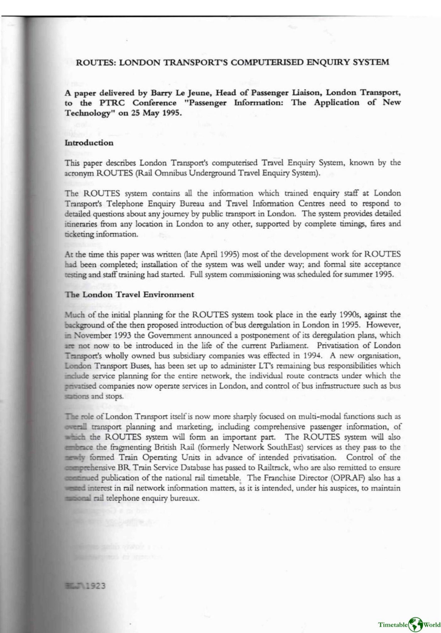 Le Jeune - ROUTES - LONDON TRANSPORTS COMPUTERISED ENQUIRY SYSTEM 1995