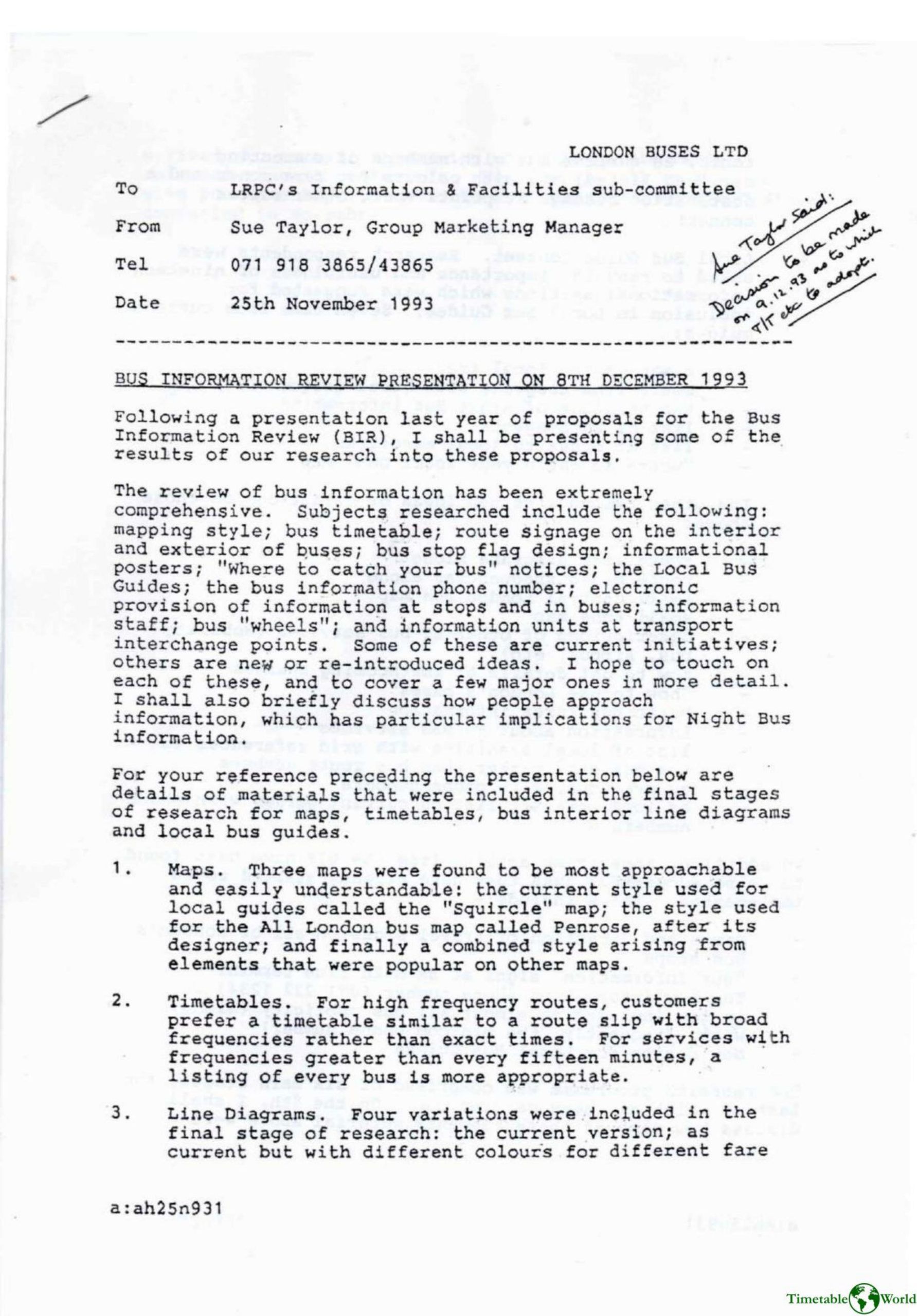 London Buses Ltd - BUS INFORMATION REVIEW PRESENTATION 1993