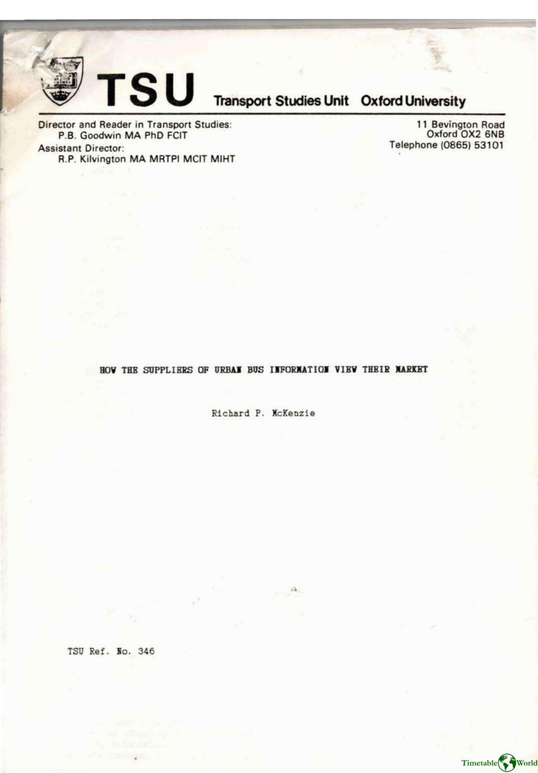 McKenzie - HOW THE SUPPLIERS OF URBAN BUS INFORMATION VIEW THEIR MARKET 1986