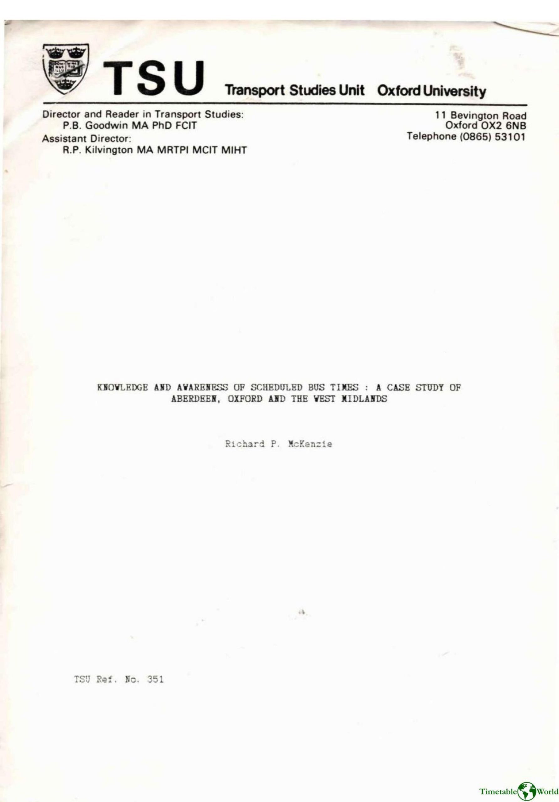 McKenzie - KNOWLEDGE AND AWARENESS OF SCHEDULED BUS TIMES 1986