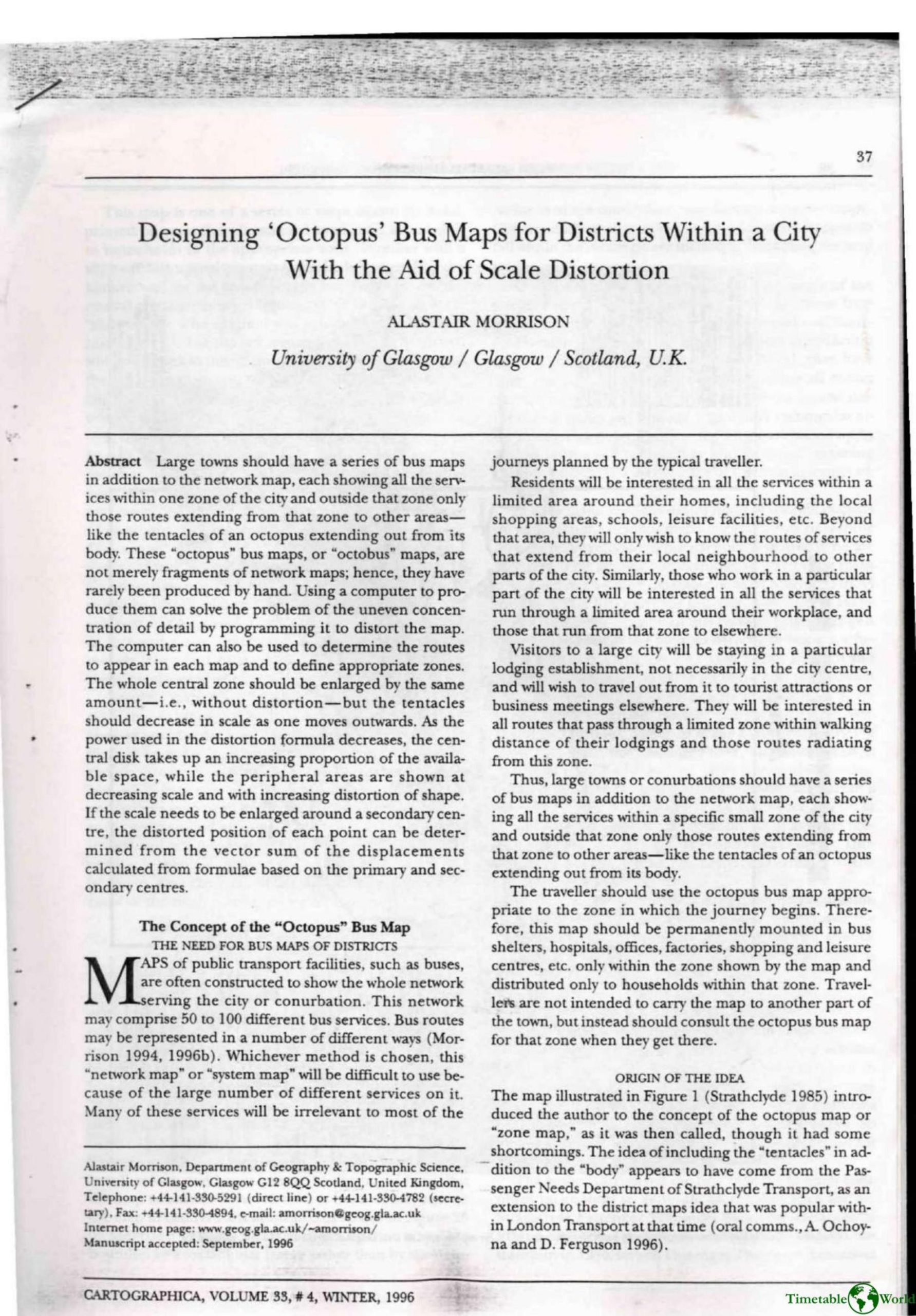 Morrison - DESIGNING OCTOPUS BUS MAPS FOR DISTRICTS WITHIN A CITY WITH THE AID OF SCALE DISTORTON 1996