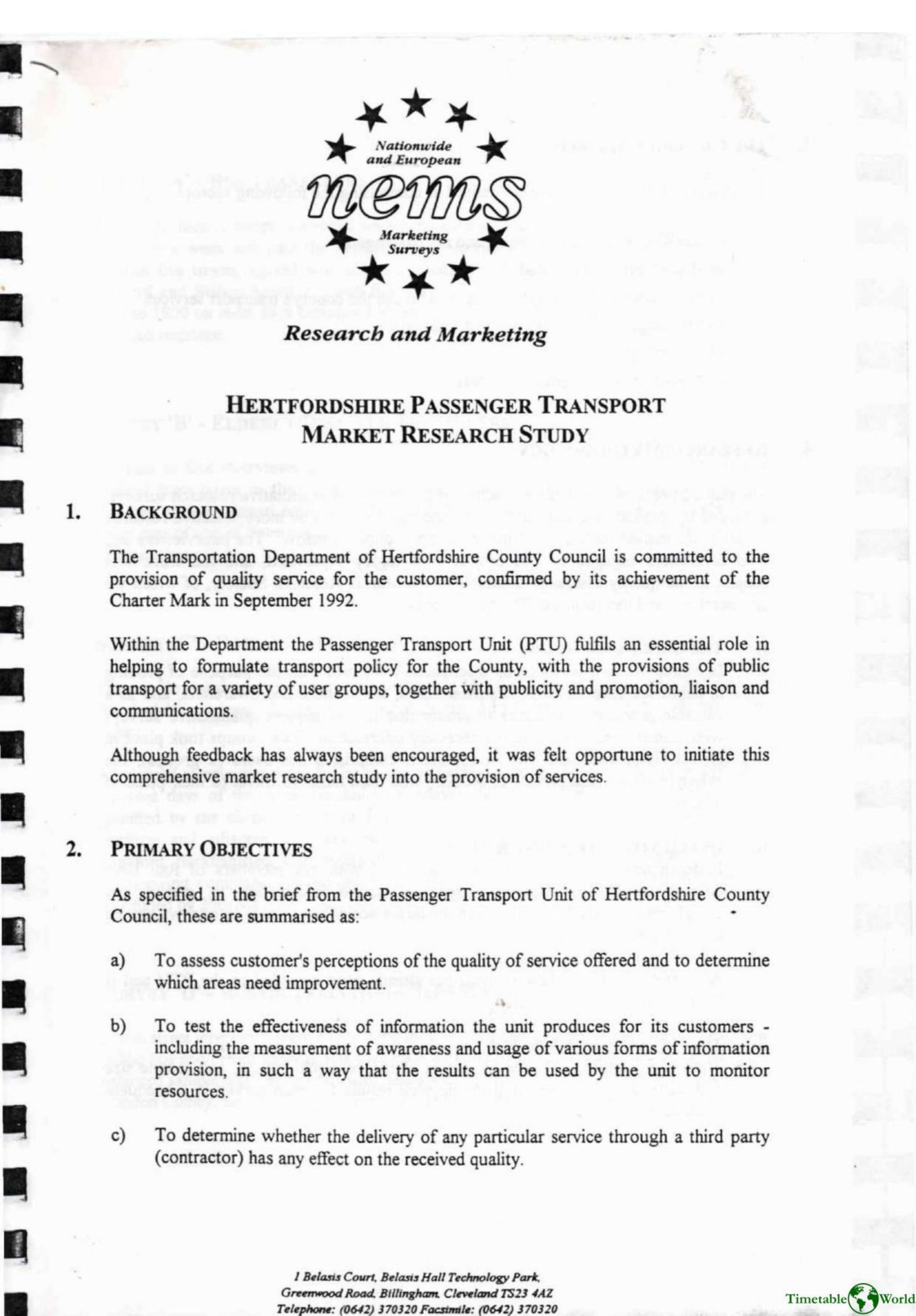 Nationwide and European Marketing Surveys - HERTFORDSHIRE PASSENGER TRANSPORT MARKET RESEARCH STUDY 1993