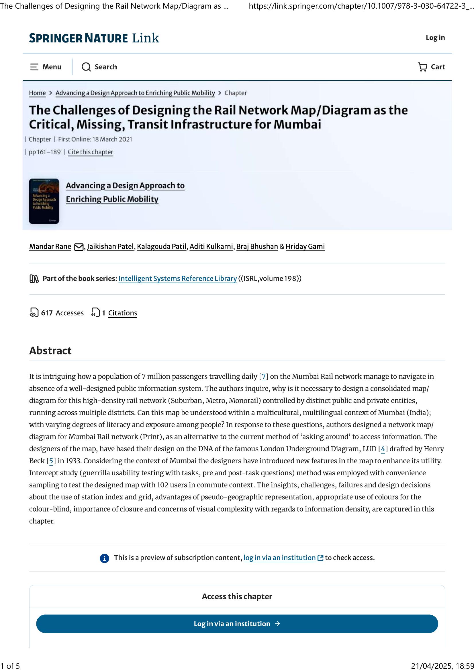 Rane, Patel, Patil, Kulkarni, Bhushan and Gami - THE CHALLENGES OF DESIGNING THE RAIL NETWORK MAP-DIAGRAM AS THE CRITICAL, MISSING, TRANSIT INFRASTRUCTURE FOR MUMBAI (abstract) 2021