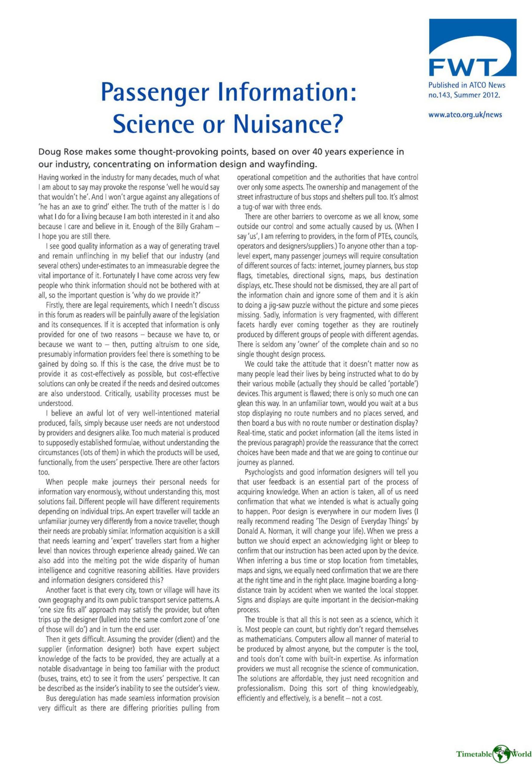 Rose - PASSENGER INFORMATION - SCIENCE OR NUISANCE 2012