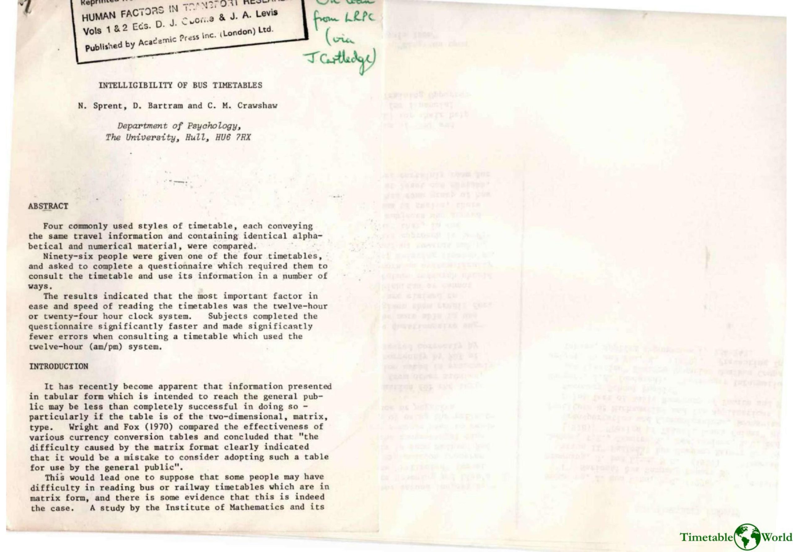 Sprent, Bartram and Crawshaw - INTELLIGIBILITY OF BUS TIMETABLES 1980