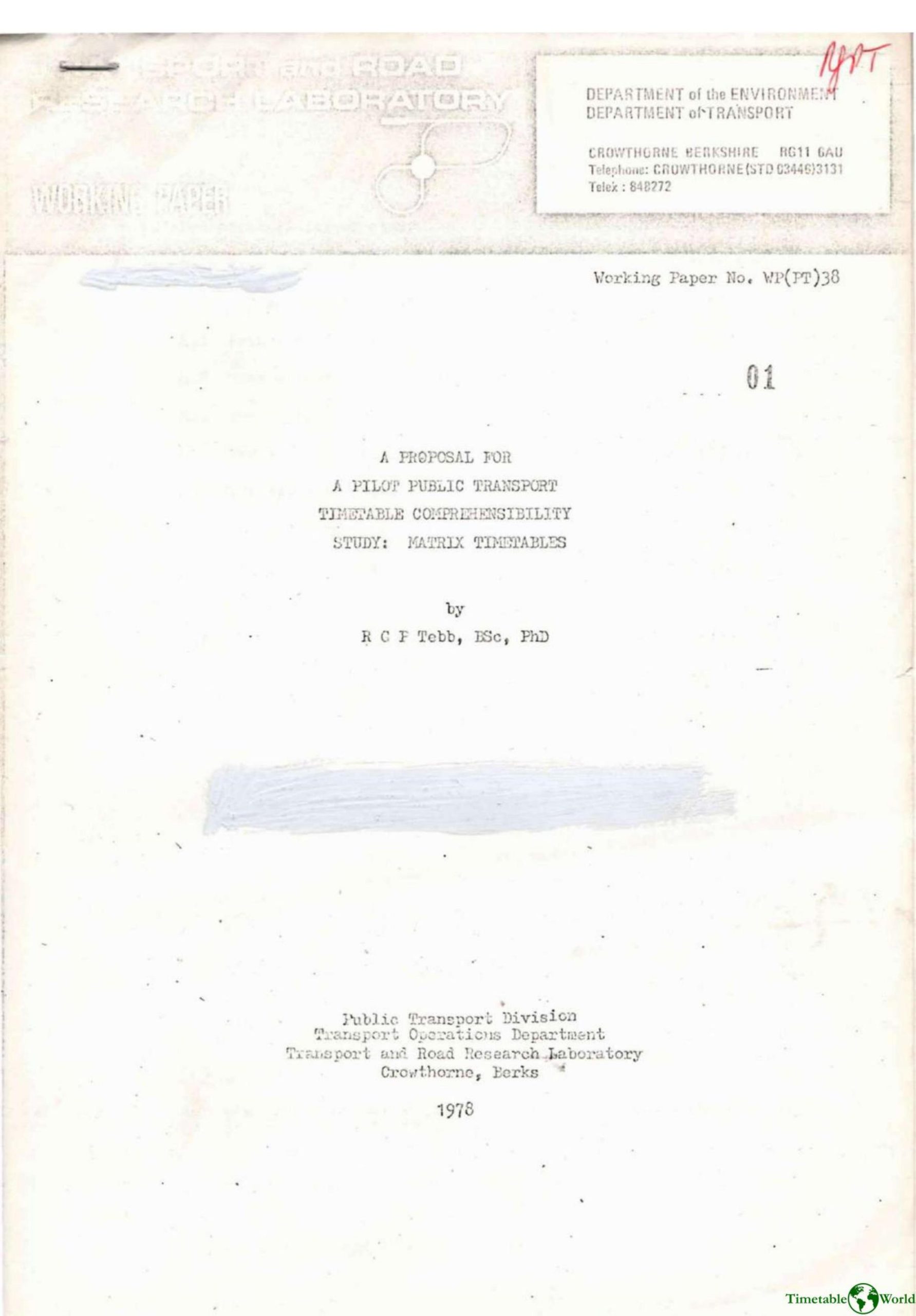 Tebb - A PROPOSAL FOR A PILOT PUBLIC TRANSPORT TIMETABLE COMPREHENSIBILITY STUDY 1978