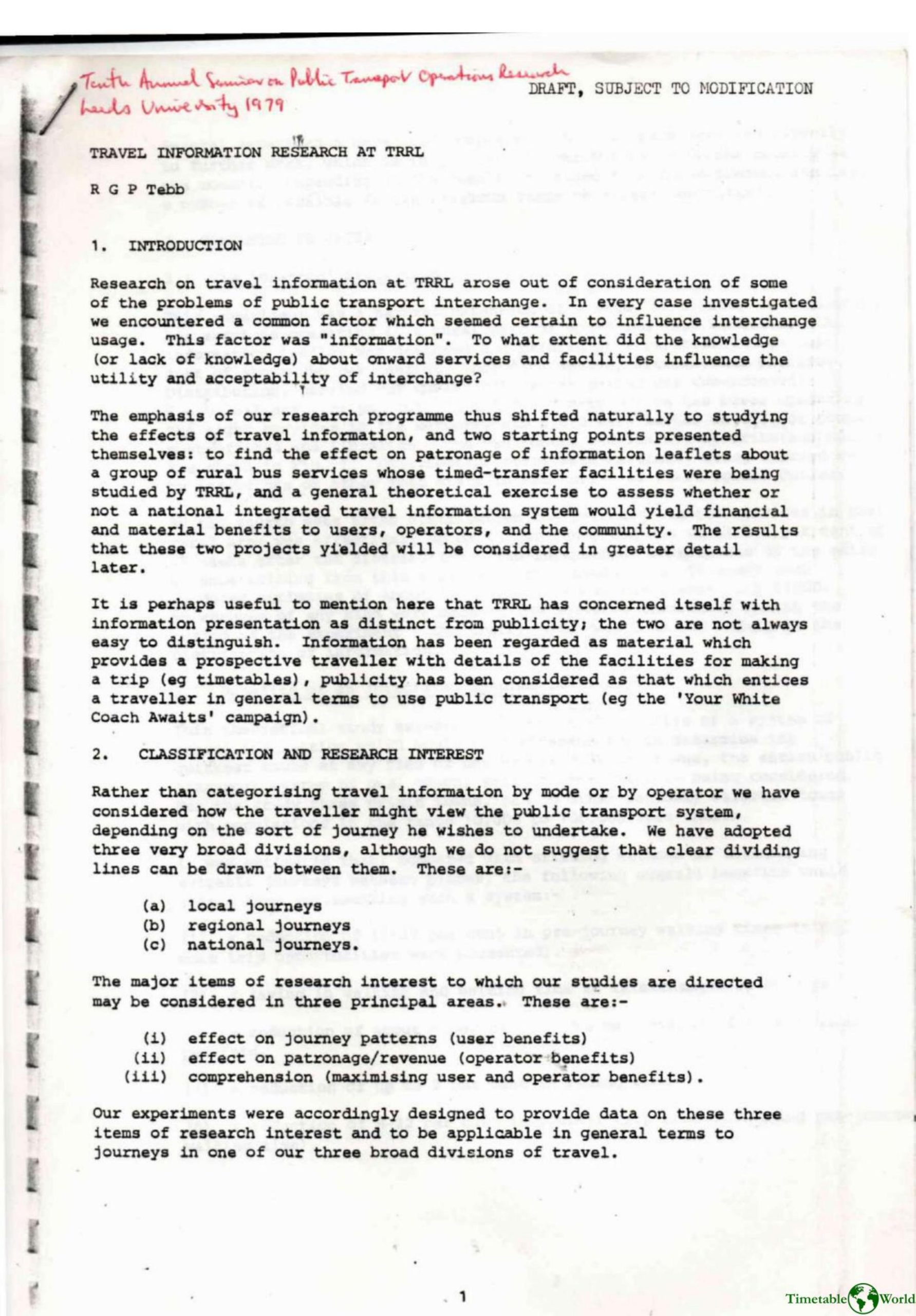 Tebb - TRAVEL INFORMATION RESEARCH AT TRRL 1979