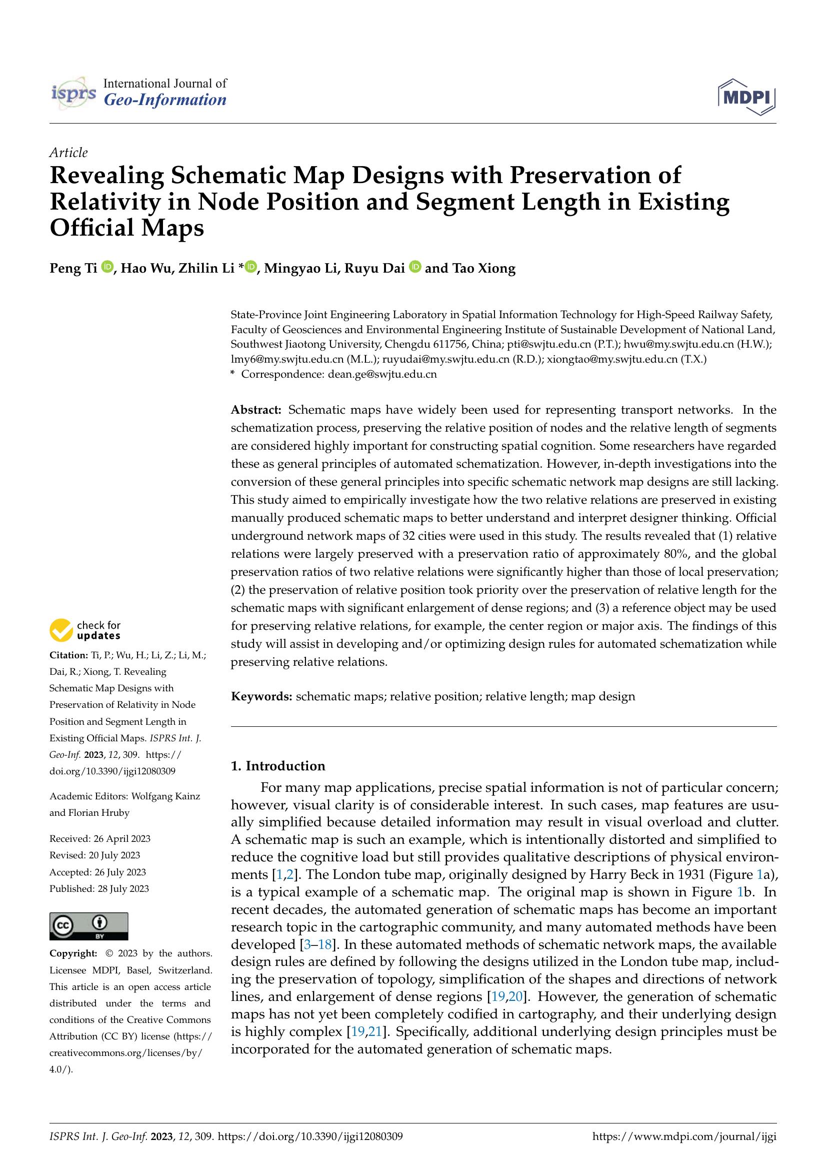 Ti, Wu, Li Z , Li M, Dai and Xiong - EVEALING SCHEMATIC MAP DESIGNS WITH PRESERVATION OF RELATIVITY IN NODE POSITION AND SEGMENT LENGTH IN EXISTING OFFICIAL MAPS 2023