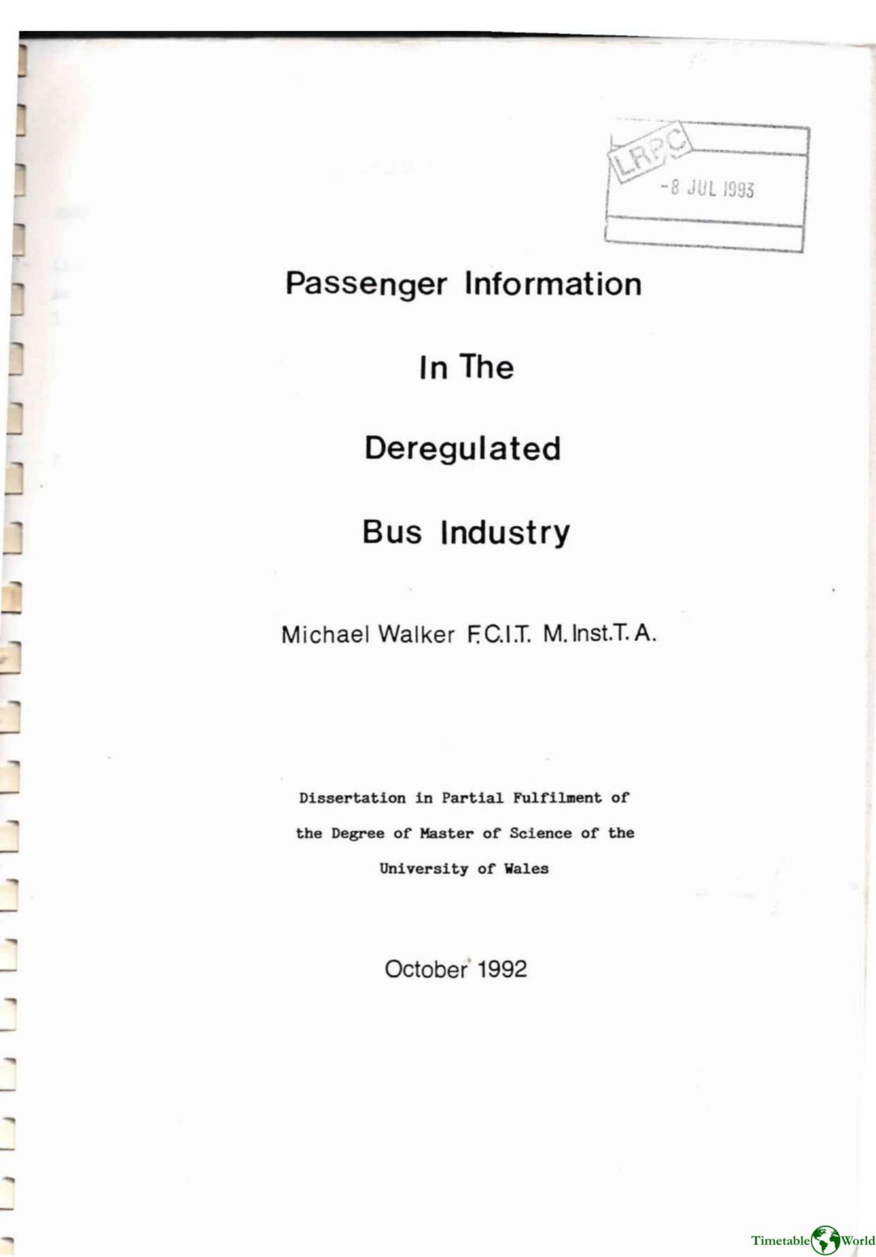 Walker - PASSENGER INFORMATION IN THE DEREGULATED BUS INDUSTRY 1992