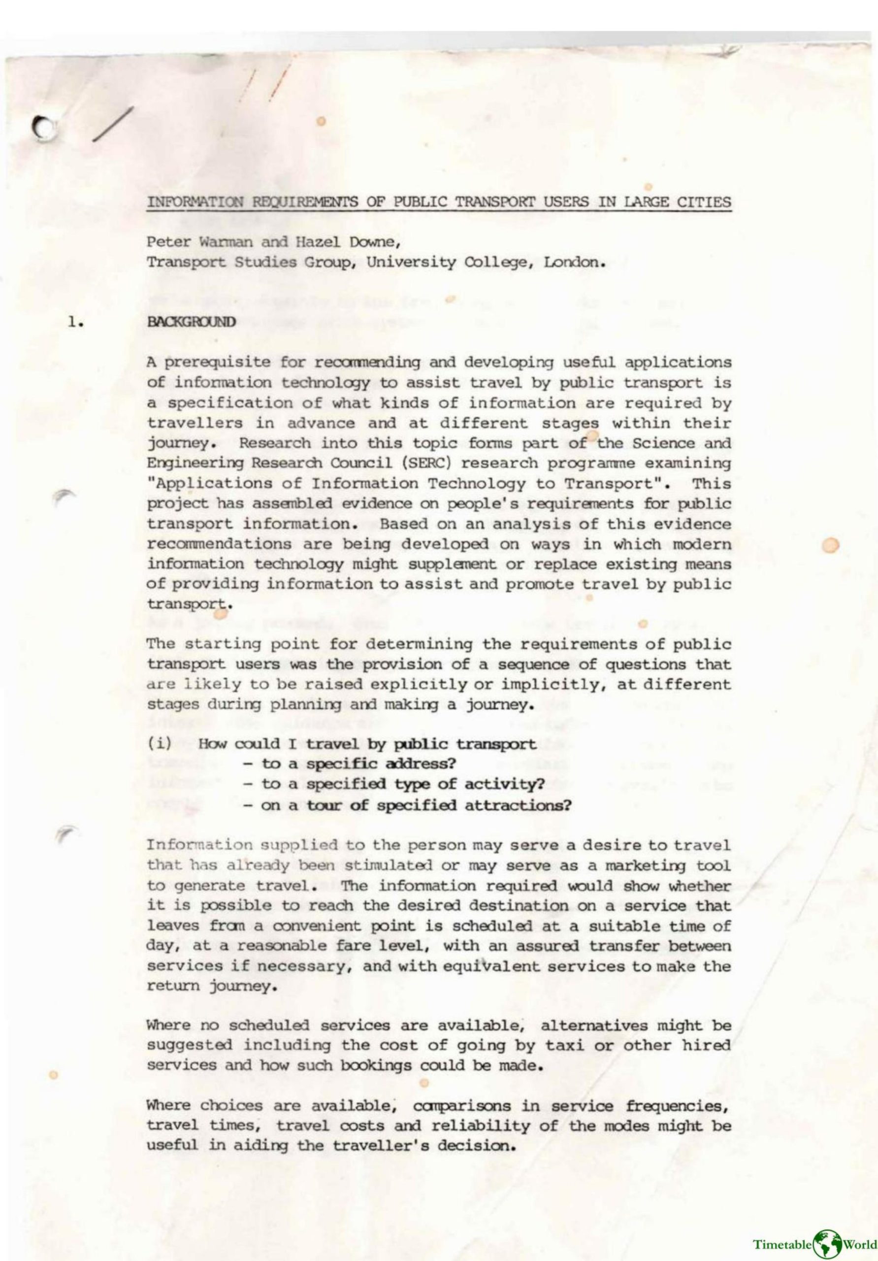 Warman and Downe - INFORMATION REQUIREMENTS OF PUBLIC TRANSPORT USERS IN LARGE CITIES 1985