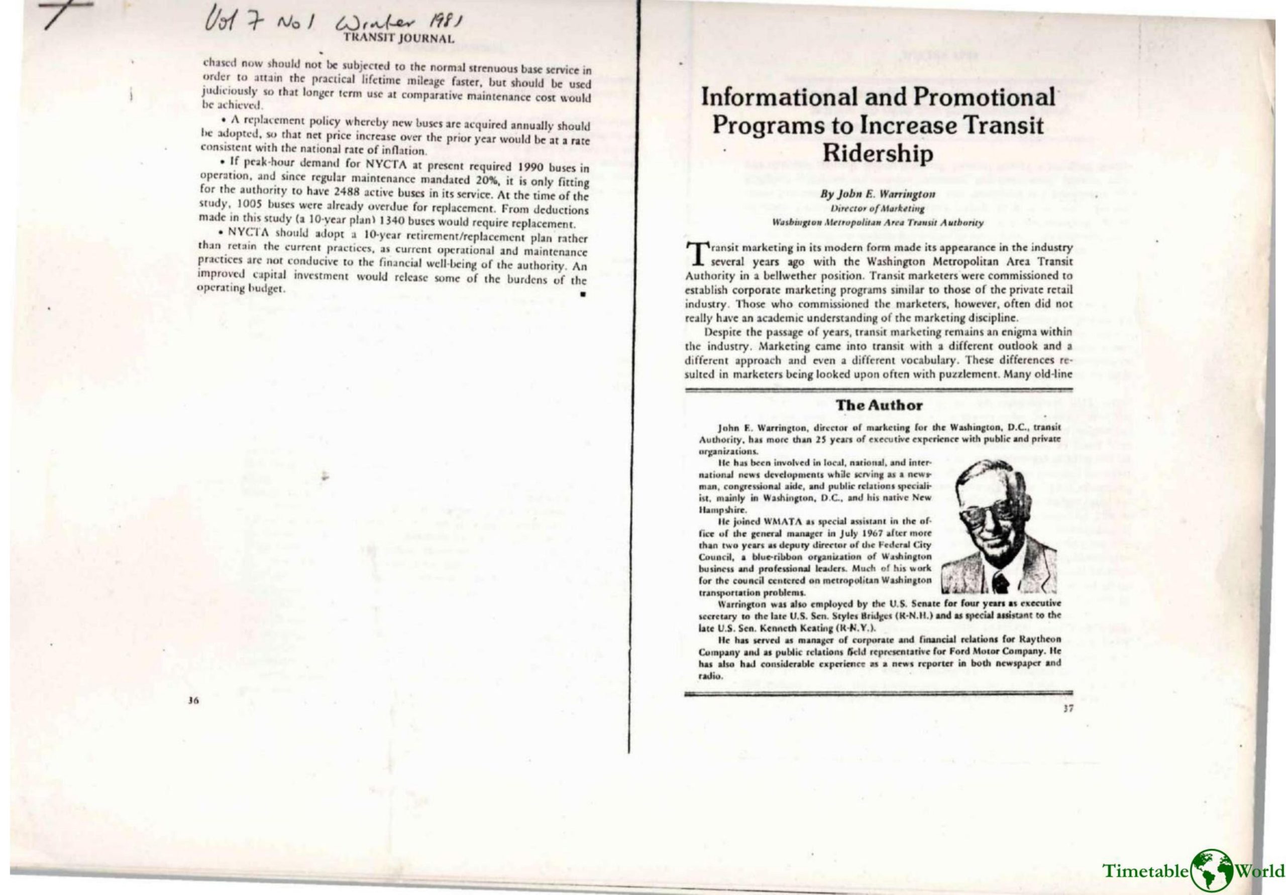 Warrington - INFORMATIONAL AND PROMOTIONAL PROGRAMS TO INCREASE TRANSIT RIDERSHIP 1981