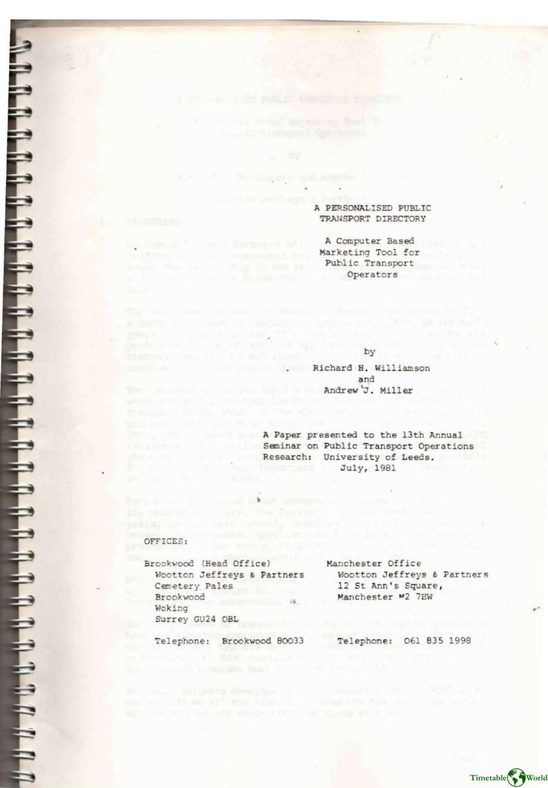 Williamson and Miller - A PERSONALISED PUBLIC TRANSPORT DIRECTORY 1981