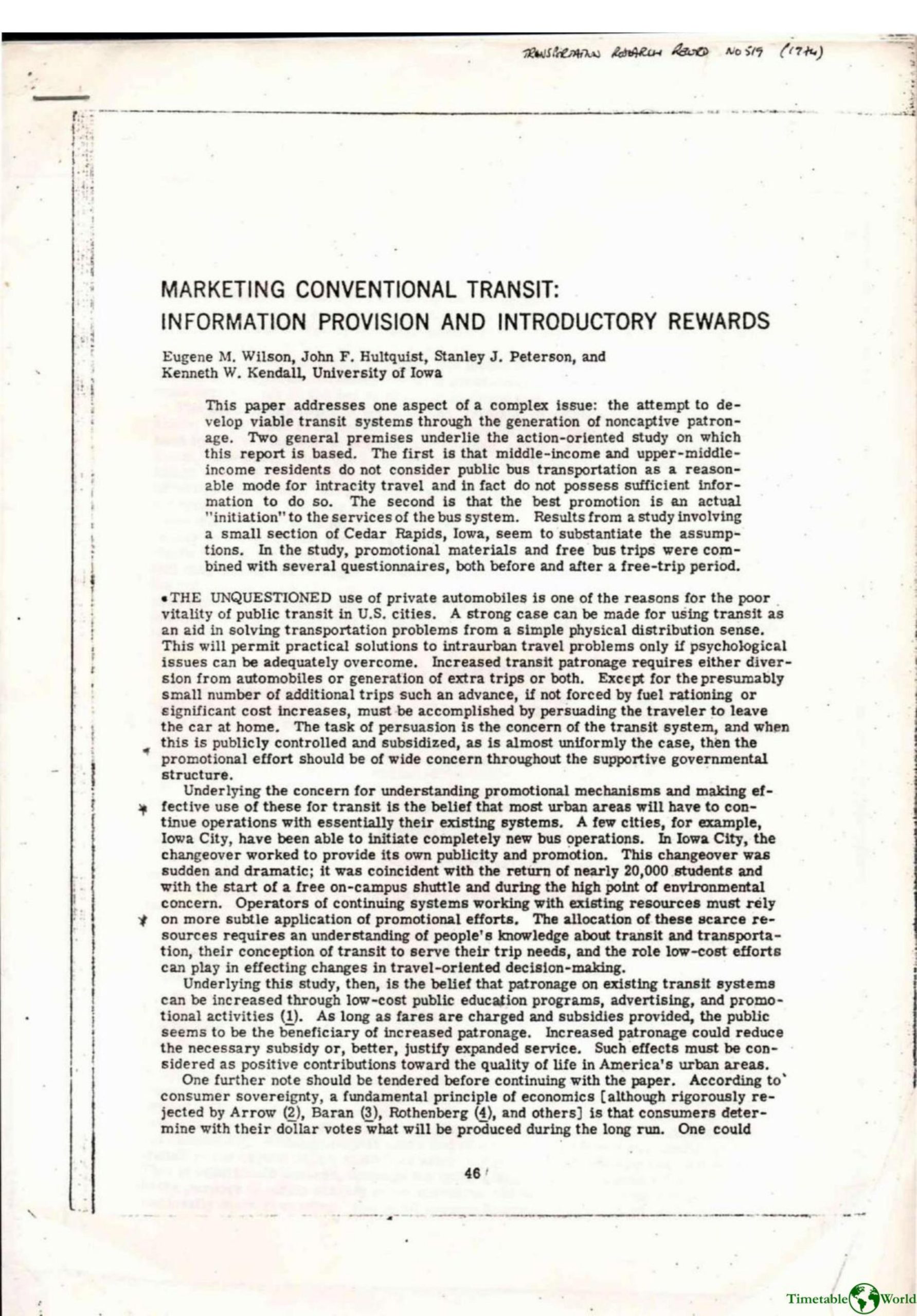Wilson, Hultquist, Peterson and Kendall - MARKETING CONVENTIONAL TRANSIT 1974