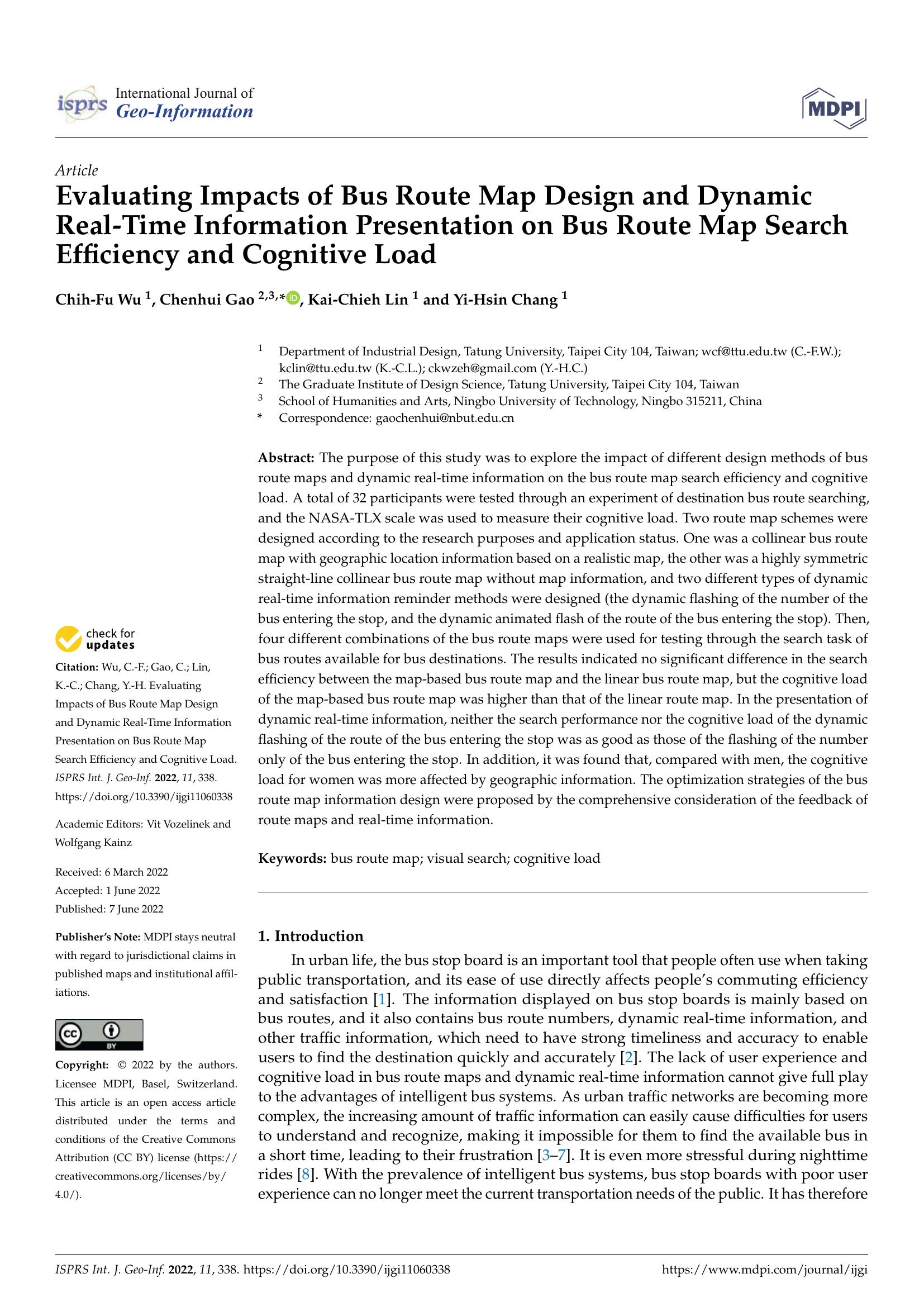 Wu, Gao, Lin and Chang - EVALUATING IMPACTS OF BUS ROUTE MAP DESIGN AND DYNAMIC REAL-TIME INFORMATION PRESENTATION ON BUS ROUTE MAP SEARCH EFFICIENCY AND COGNITIVE LOAD 2022